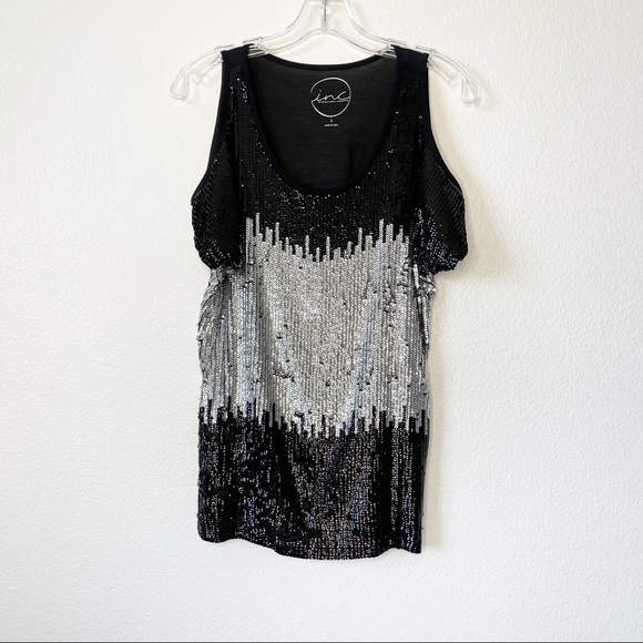 International Concepts Sequin Blouse Black Silver Top Women’s Size Small INC - Picture 3 of 13